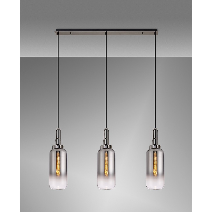 Idolite Camille Linear 3 Light Pendant E27 With 16cm Cylinder Glass, Smoked/Clear Black Chrome/Matt Black