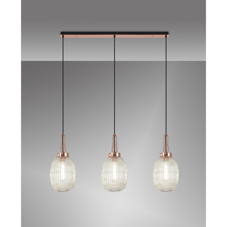 Idolite Camille Linear 3 Light Pendant E27 With 20cm Almond Ribbed Glass, Champagne Copper/Matt Black