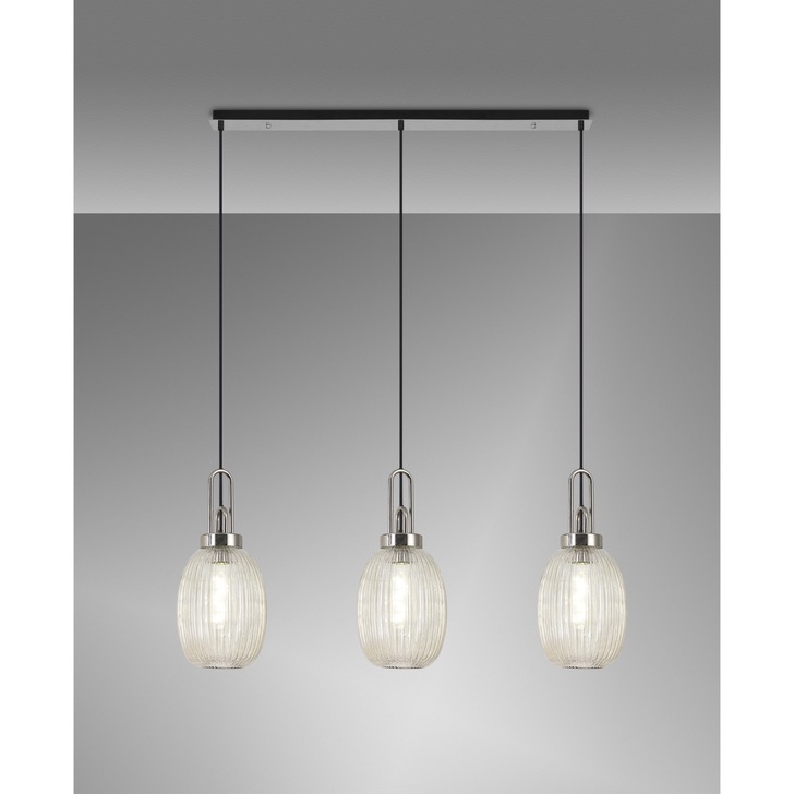 Idolite Camille Linear 3 Light Pendant E27 With 20cm Almond Ribbed Glass, Champagne Polished Nickel/Matt Black