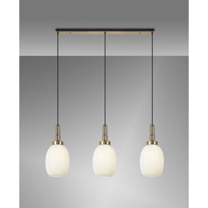Idolite Camille Linear 3 Light Pendant E27 With 20cm Almond Ribbed Glass, Opal Brass Gold/Matt Black