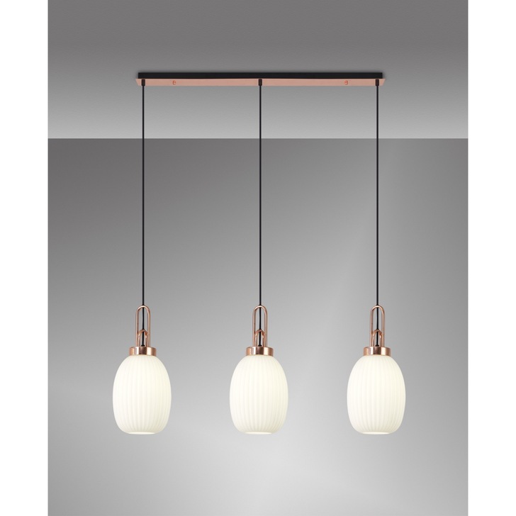 Idolite Camille Linear 3 Light Pendant E27 With 20cm Almond Ribbed Glass, Opal Copper/Matt Black