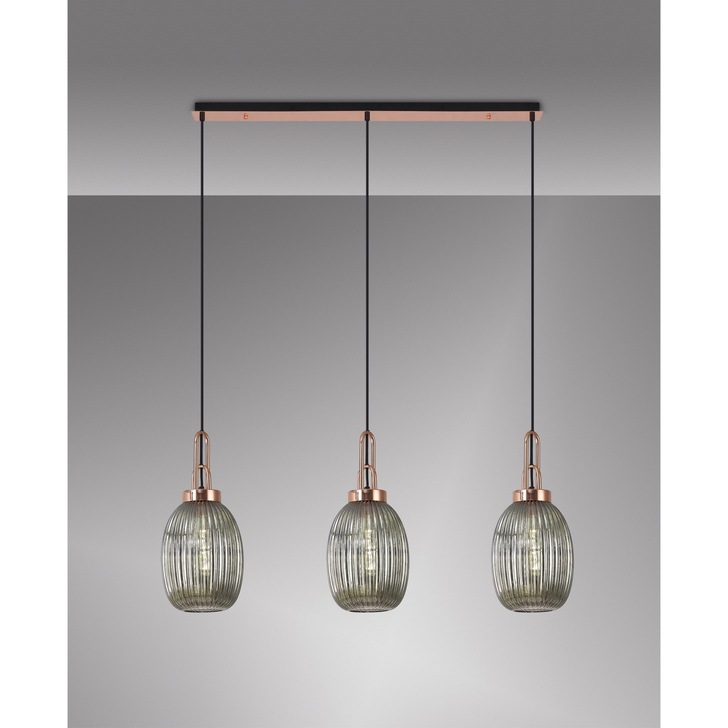 Idolite Camille Linear 3 Light Pendant E27 With 20cm Almond Ribbed Glass, Smoked Copper/Matt Black