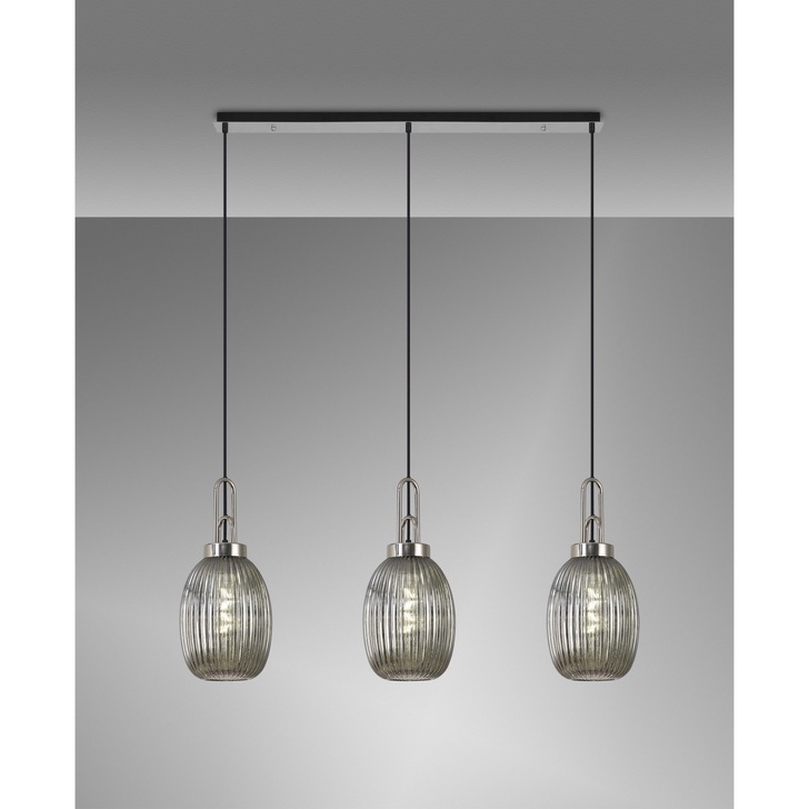 Idolite Camille Linear 3 Light Pendant E27 With 20cm Almond Ribbed Glass, Smoked Polished Nickel/Matt Black