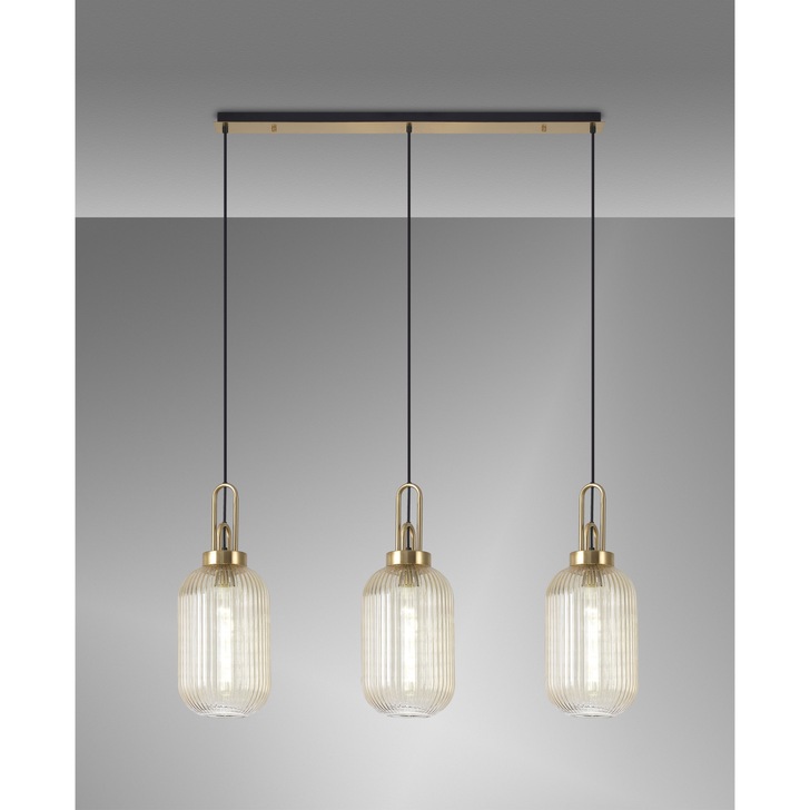 Idolite Camille Linear 3 Light Pendant E27 With 20cm Tubular Ribbed Glass, Champagne Brass Gold/Matt Black