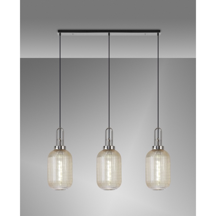 Idolite Camille Linear 3 Light Pendant E27 With 20cm Tubular Ribbed Glass, Champagne Polished Nickel/Matt Black