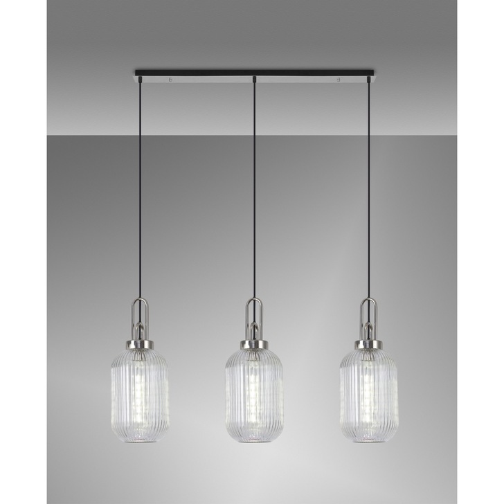 Idolite Camille Linear 3 Light Pendant E27 With 20cm Tubular Ribbed Glass, Clear Polished Nickel/Matt Black