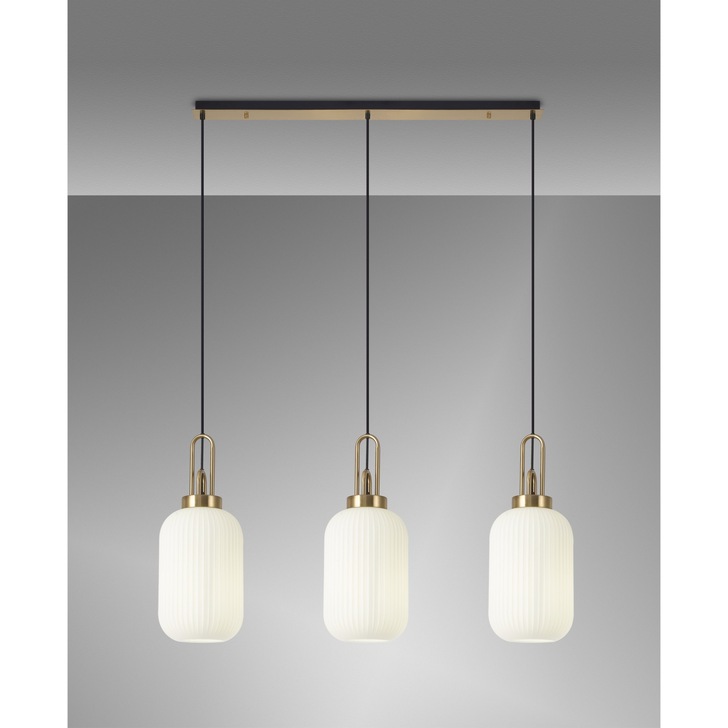 Idolite Camille Linear 3 Light Pendant E27 With 20cm Tubular Ribbed Glass, Opal Brass Gold/Matt Black