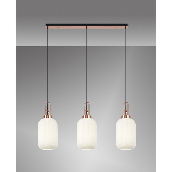 Idolite Camille Linear 3 Light Pendant E27 With 20cm Tubular Ribbed Glass, Opal Copper/Matt Black