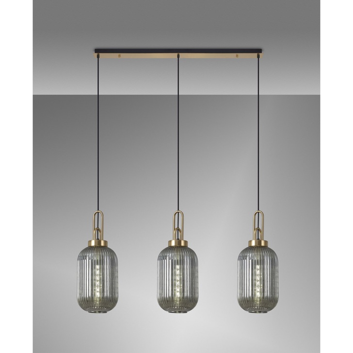 Idolite Camille Linear 3 Light Pendant E27 With 20cm Tubular Ribbed Glass, Smoked Brass Gold/Matt Black