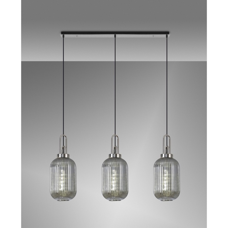 Idolite Camille Linear 3 Light Pendant E27 With 20cm Tubular Ribbed Glass, Smoked Polished Nickel/Matt Black
