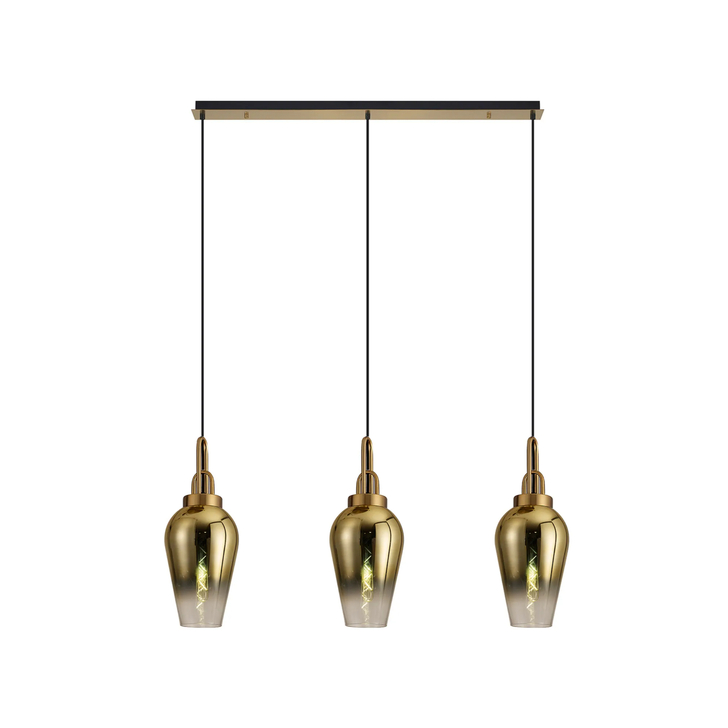 Idolite Camille Linear 3 Light Pendant E27 With 23cm Pear Glass, Brass Gold/Clear Brass Gold/Matt Black
