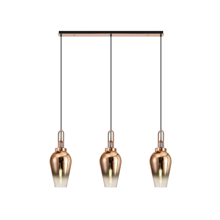 Idolite Camille Linear 3 Light Pendant E27 With 23cm Pear Glass, Copper/Clear Copper/Matt Black