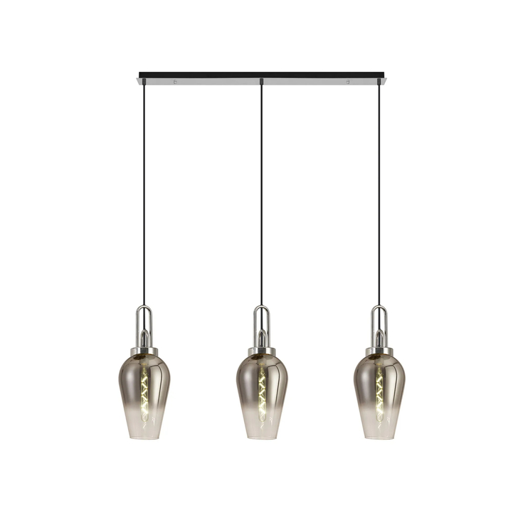 Idolite Camille Linear 3 Light Pendant E27 With 23cm Pear Glass, Smoked/Clear Polished Nickel/Matt Black