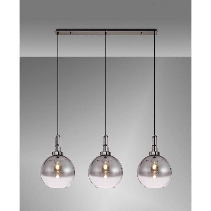 Idolite Camille Linear 3 Light Pendant E27 With 30cm Globe Glass, Smoked/Clear Black Chrome/Matt Black