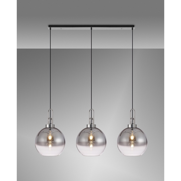 Idolite Camille Linear 3 Light Pendant E27 With 30cm Globe Glass, Smoked/Clear Polished Nickel/Matt Black