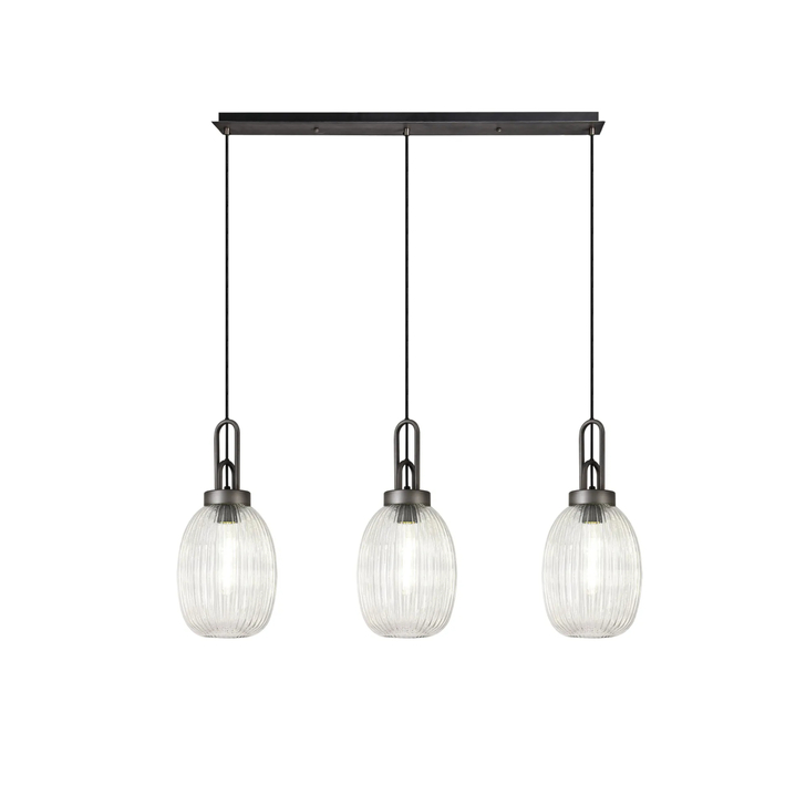 Idolite Camille Linear 3 Light Pendant With 20cm Almond Ribbed Glass, Aged Pewter/Matt Black Clear