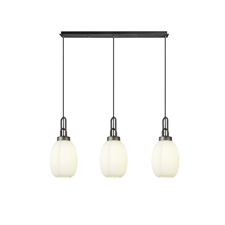 Idolite Camille Linear 3 Light Pendant With 20cm Almond Ribbed Glass, Aged Pewter/Matt Black Opal