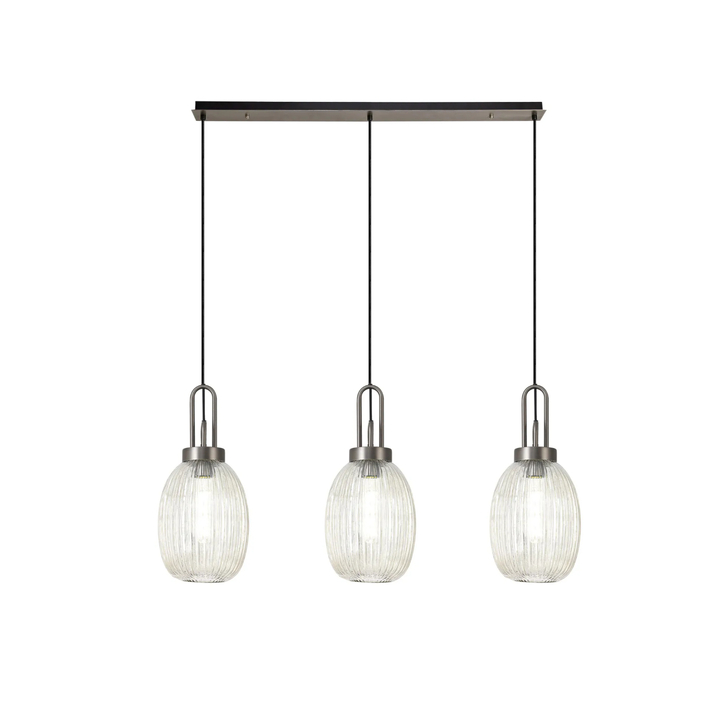 Idolite Camille Linear 3 Light Pendant With 20cm Almond Ribbed Glass, Antique Silver/Matt Black Champagne
