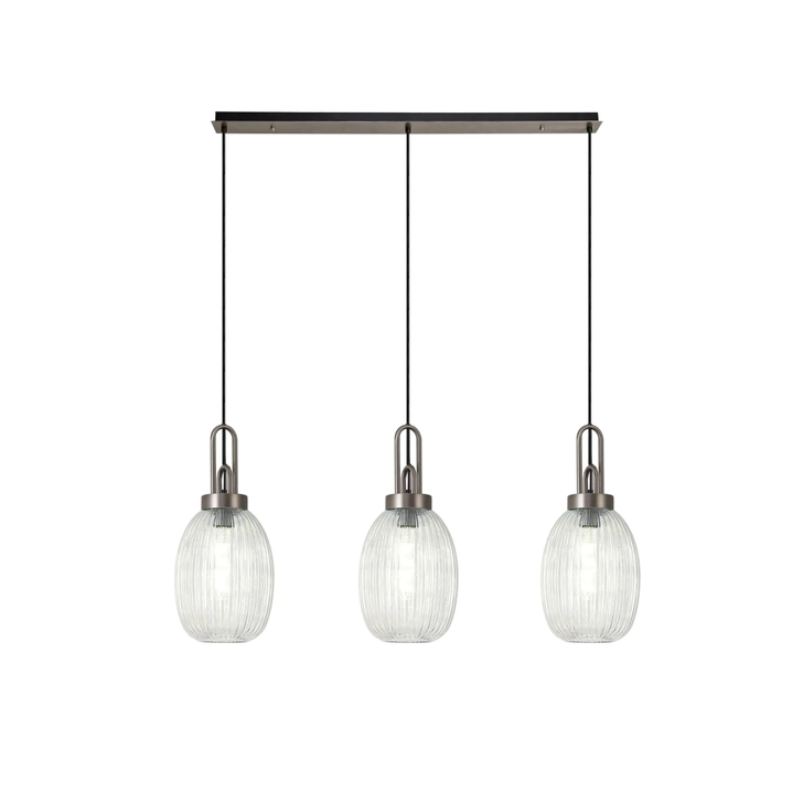 Idolite Camille Linear 3 Light Pendant With 20cm Almond Ribbed Glass, Antique Silver/Matt Black Clear