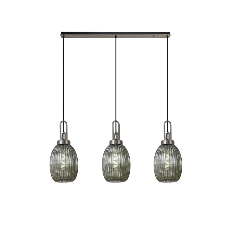 Idolite Camille Linear 3 Light Pendant With 20cm Almond Ribbed Glass, Antique Silver/Matt Black Smoked