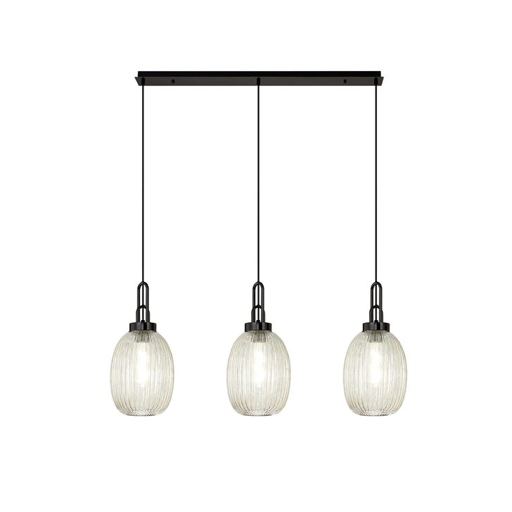Idolite Camille Linear 3 Light Pendant With 20cm Almond Ribbed Glass, Black Chrome/Matt Black Champagne