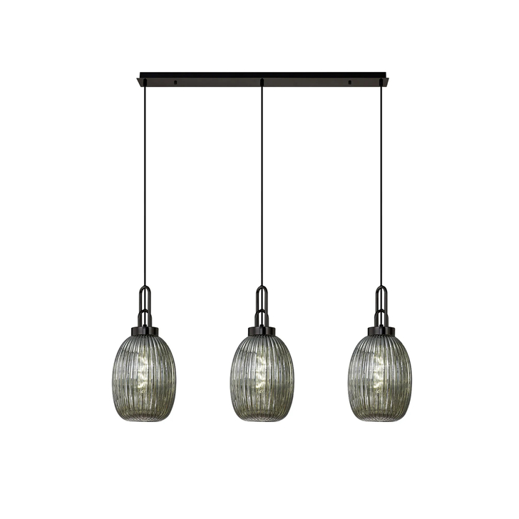 Idolite Camille Linear 3 Light Pendant With 20cm Almond Ribbed Glass, Black Chrome/Matt Black Smoked