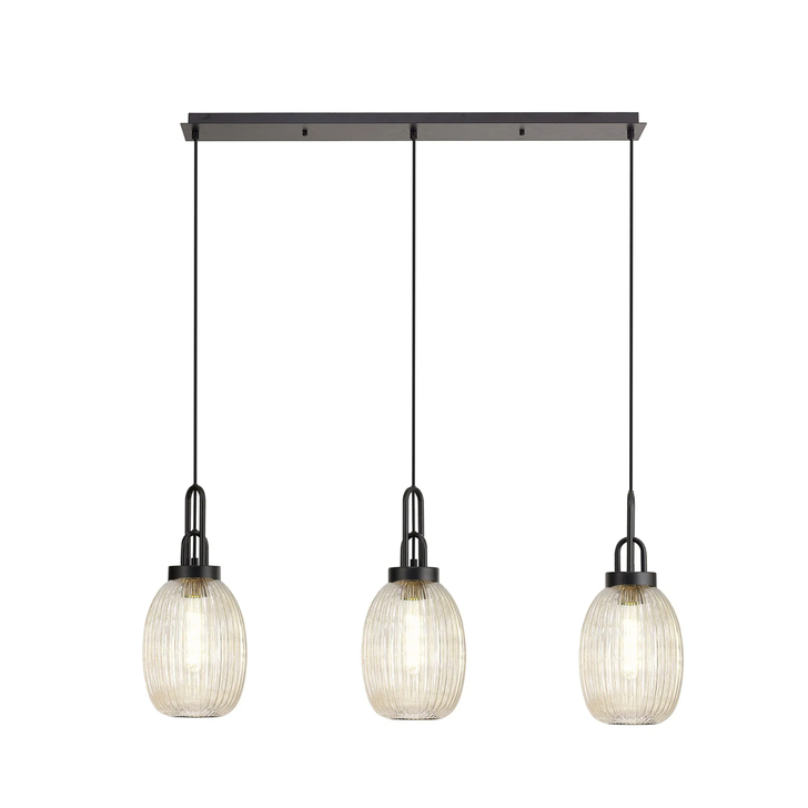 Idolite Camille Linear 3 Light Pendant With 20cm Almond Ribbed Glass, Matt Black/Matt Black Champagne