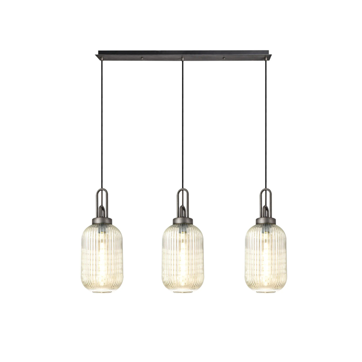 Idolite Camille Linear 3 Light Pendant With 20cm Tubular Ribbed Glass, Aged Pewter/Matt Black Champagne