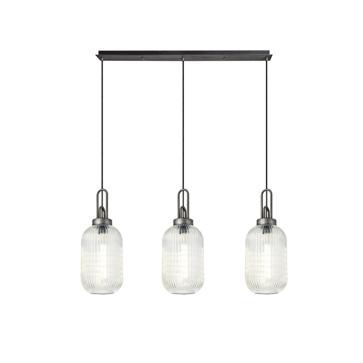 Idolite Camille Linear 3 Light Pendant With 20cm Tubular Ribbed Glass, Aged Pewter/Matt Black Clear
