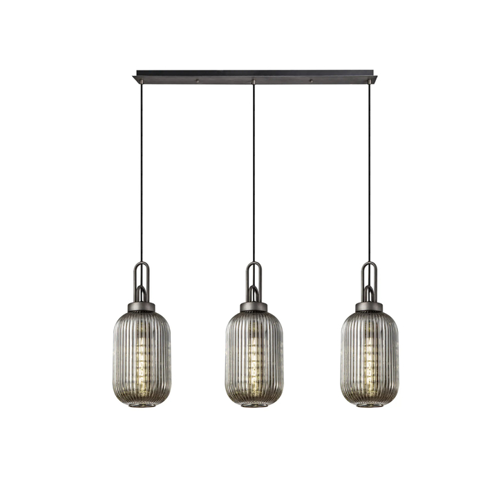 Idolite Camille Linear 3 Light Pendant With 20cm Tubular Ribbed Glass, Aged Pewter/Matt Black Smoked