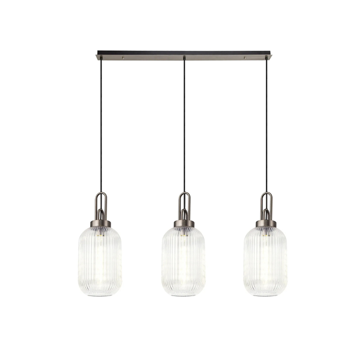 Idolite Camille Linear 3 Light Pendant With 20cm Tubular Ribbed Glass, Antique Silver/Matt Black Clear