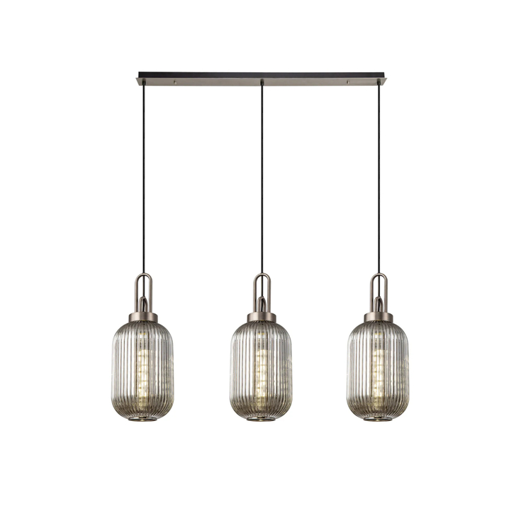 Idolite Camille Linear 3 Light Pendant With 20cm Tubular Ribbed Glass, Antique Silver/Matt Black Smoked