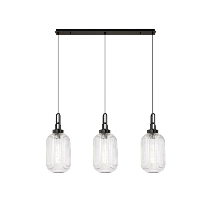 Idolite Camille Linear 3 Light Pendant With 20cm Tubular Ribbed Glass, Black Chrome/Matt Black Clear
