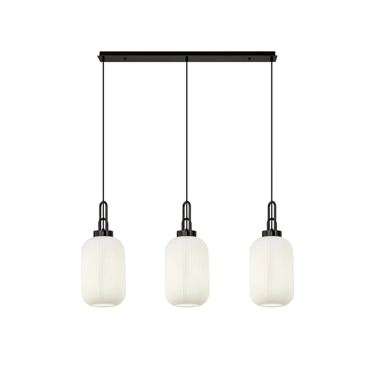 Idolite Camille Linear 3 Light Pendant With 20cm Tubular Ribbed Glass, Black Chrome/Matt Black Opal