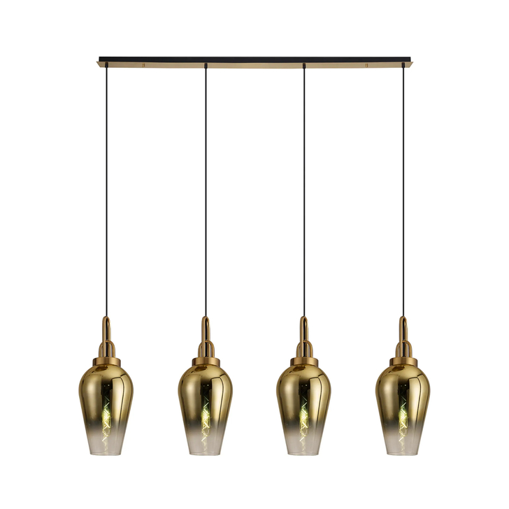 Idolite Camille Linear 4 Light Pendant E27 With 23cm Pear Glass, Brass Gold/Clear Brass Gold/Matt Black