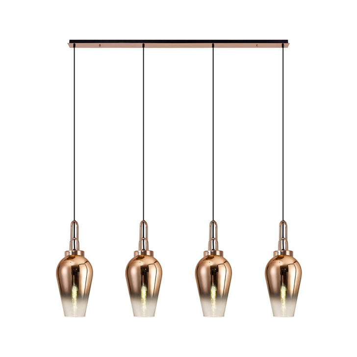 Idolite Camille Linear 4 Light Pendant E27 With 23cm Pear Glass, Copper/Clear Copper/Matt Black