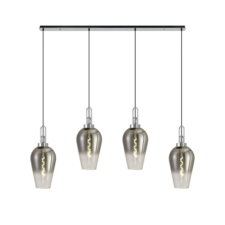 Idolite Camille Linear 4 Light Pendant E27 With 23cm Pear Glass, Smoked/Clear Polished Nickel/Matt Black