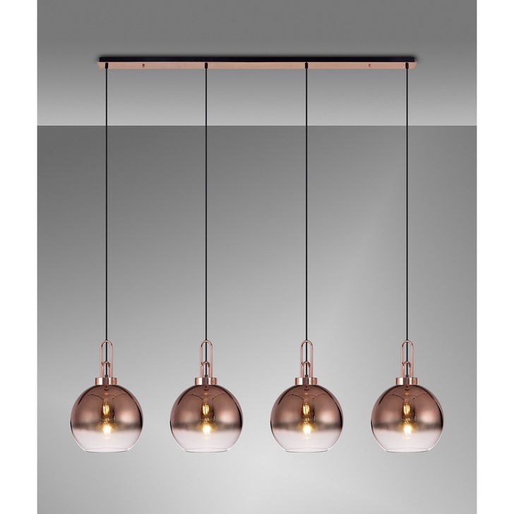 Idolite Camille Linear 4 Light Pendant E27 With 30cm Globe Glass, Copper/Clear Copper/Matt Black