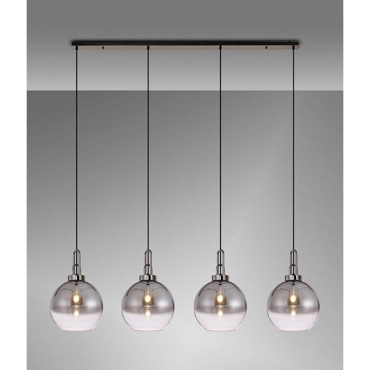 Idolite Camille Linear 4 Light Pendant E27 With 30cm Globe Glass, Smoked/Clear Black Chrome/Matt Black