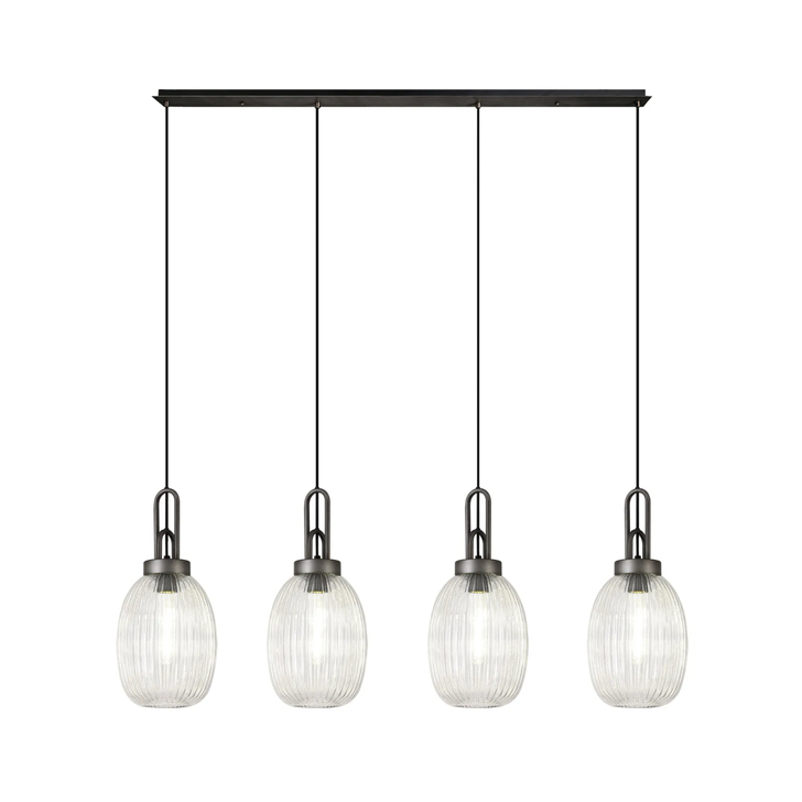 Idolite Camille Linear 4 Light Pendant With 20cm Almond Ribbed Glass, Aged Pewter/Matt Black Clear