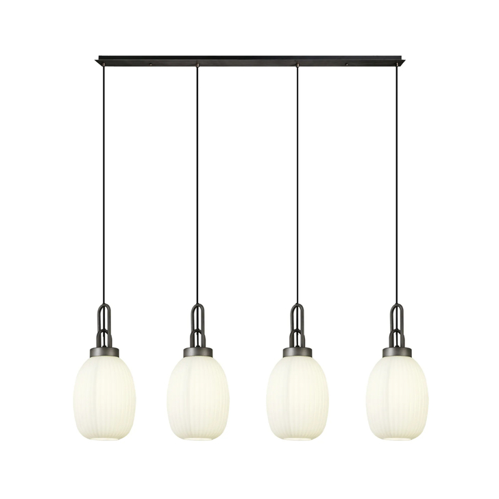 Idolite Camille Linear 4 Light Pendant With 20cm Almond Ribbed Glass, Aged Pewter/Matt Black Opal