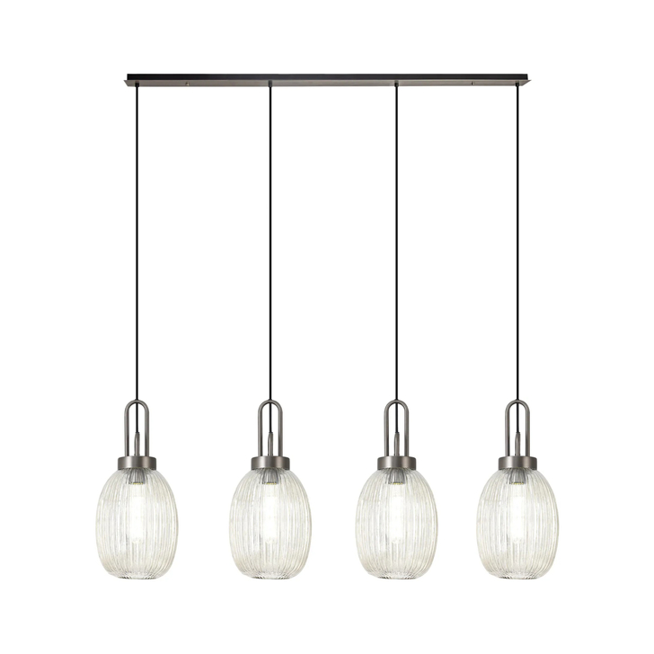 Idolite Camille Linear 4 Light Pendant With 20cm Almond Ribbed Glass, Antique Silver/Matt Black Champagne