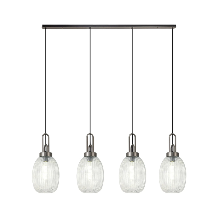 Idolite Camille Linear 4 Light Pendant With 20cm Almond Ribbed Glass, Antique Silver/Matt Black Clear
