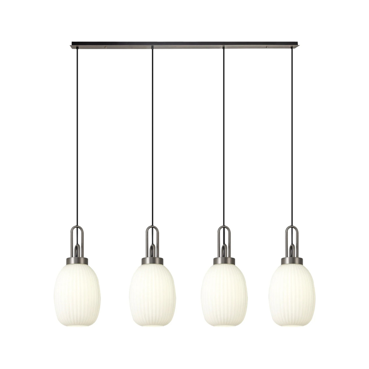 Idolite Camille Linear 4 Light Pendant With 20cm Almond Ribbed Glass, Antique Silver/Matt Black Opal