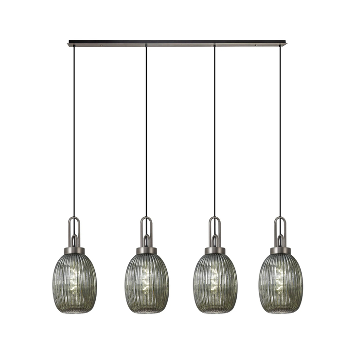 Idolite Camille Linear 4 Light Pendant With 20cm Almond Ribbed Glass, Antique Silver/Matt Black Smoked
