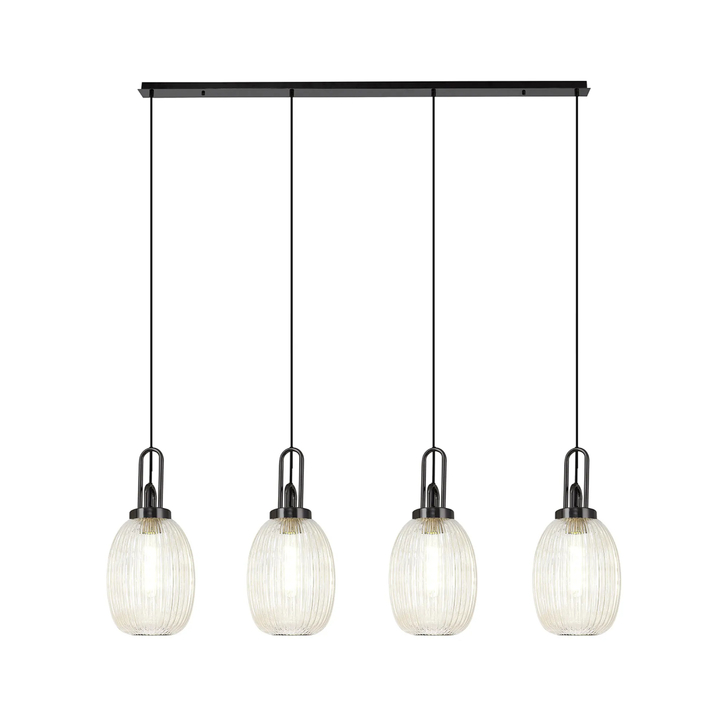 Idolite Camille Linear 4 Light Pendant With 20cm Almond Ribbed Glass, Black Chrome/Matt Black Champagne