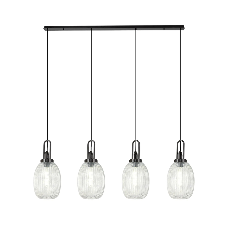 Idolite Camille Linear 4 Light Pendant With 20cm Almond Ribbed Glass, Black Chrome/Matt Black Clear