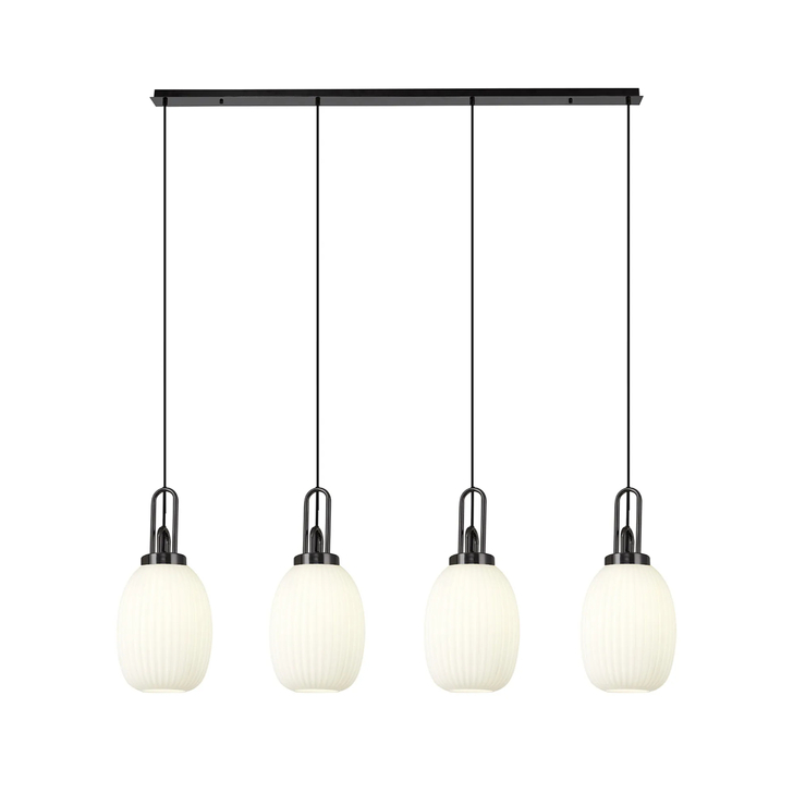 Idolite Camille Linear 4 Light Pendant With 20cm Almond Ribbed Glass, Black Chrome/Matt Black Opal