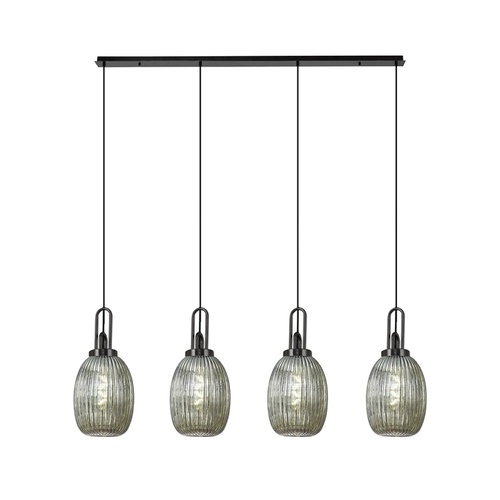Idolite Camille Linear 4 Light Pendant With 20cm Almond Ribbed Glass, Black Chrome/Matt Black Smoked