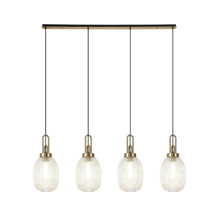 Idolite Camille Linear 4 Light Pendant With 20cm Almond Ribbed Glass, Brass Gold/Matt Black Champagne